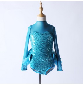 Turquoise long mesh sleeves sequins patchwork backless girls kids children stage performance competition leotards ballet dance costumes outfits bodysuits